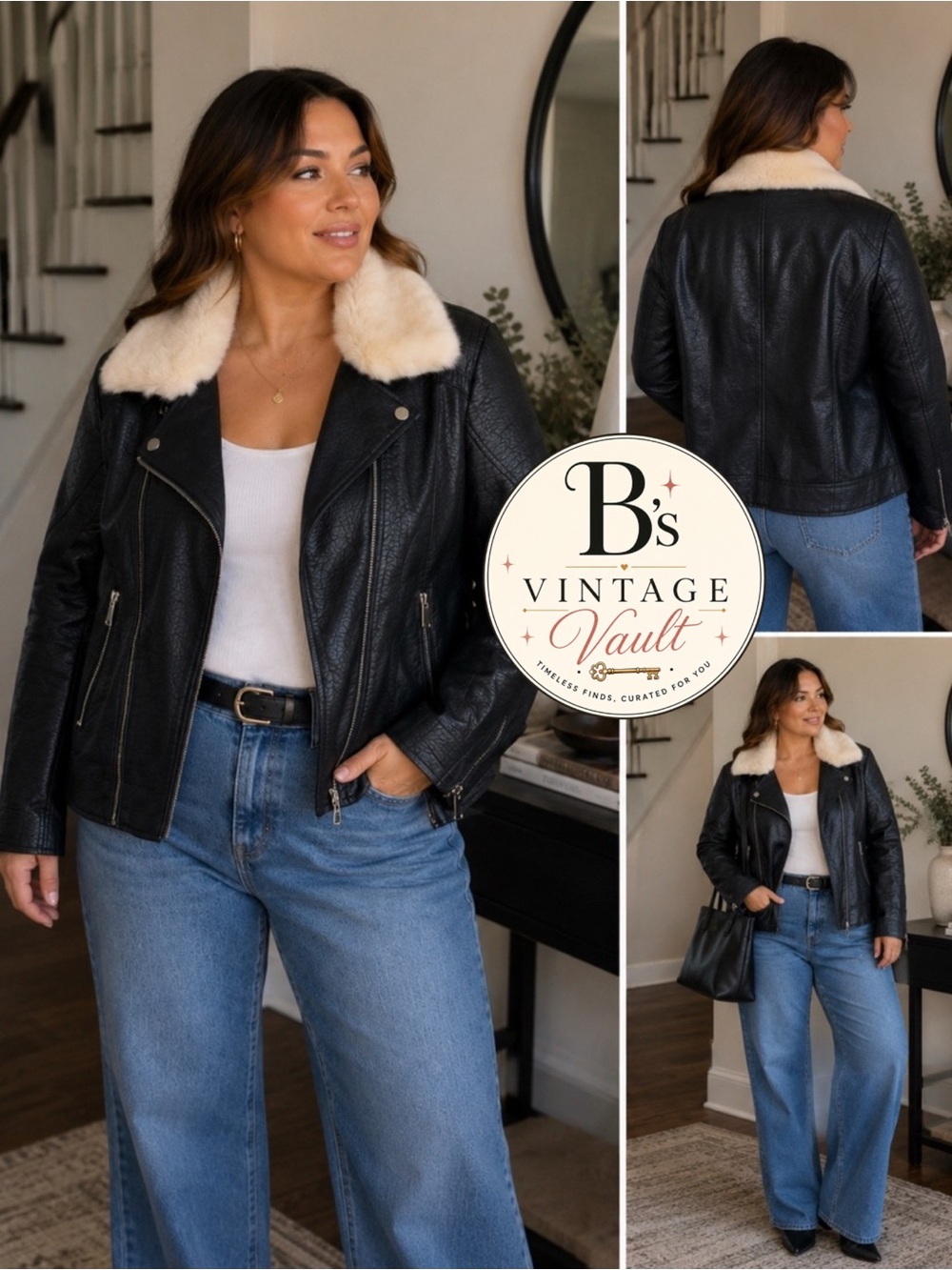 French Connection Navy Faux-Leather Moto Jacket with Cream Faux-Fur Collar